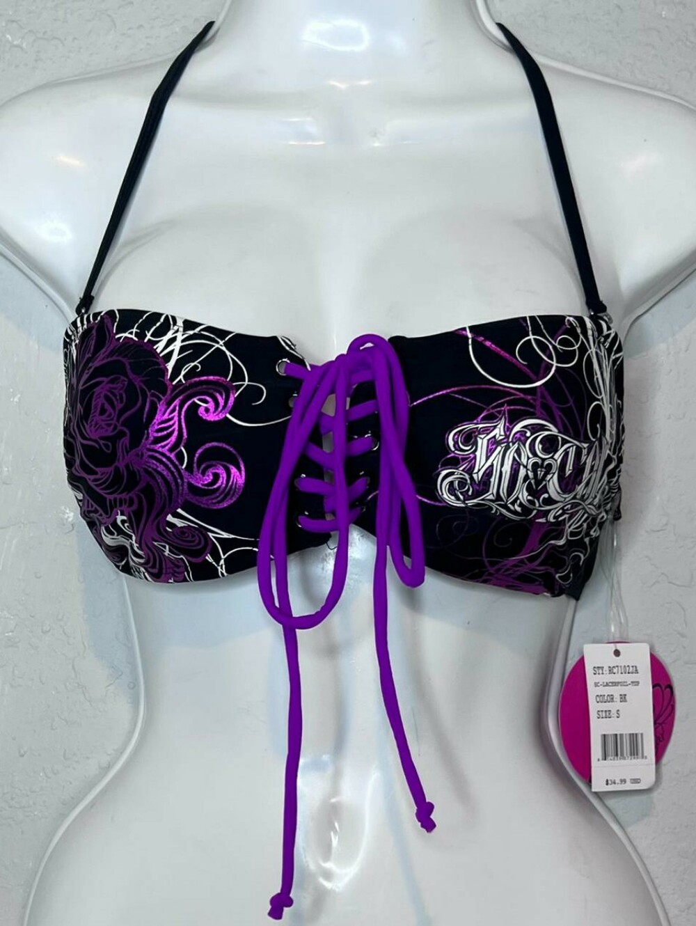 So Cal Black Bandeau Bikini Top with Purple Lace-Up Detail Grudge Goth Y2K - Picture 4 of 4